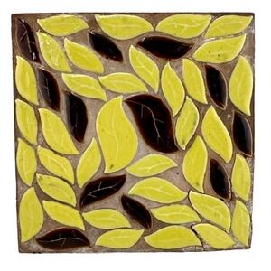 Vintage Mid-Century Yellow Brown Leaves Mosaic‎ Tile Trivet Hot Plate Pots Pans